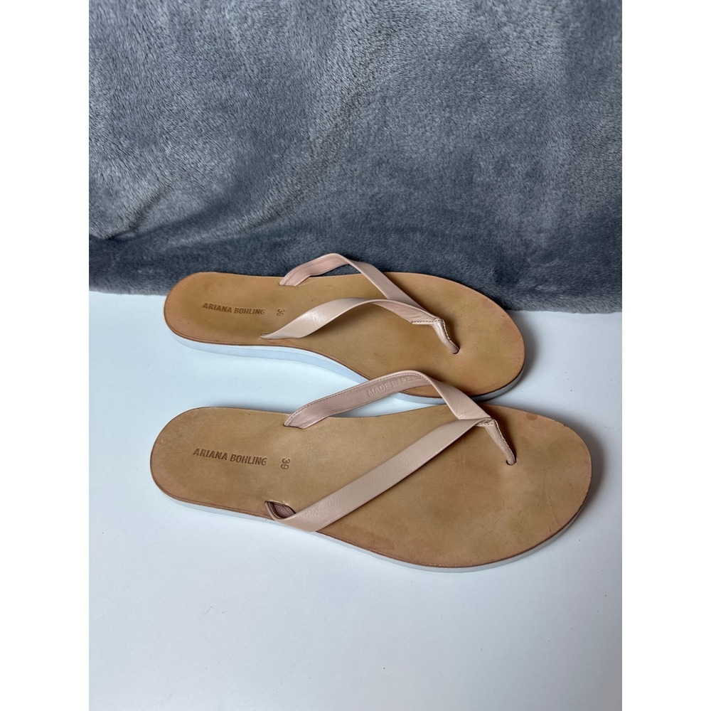 Anthropologie Ariana Bohling FlipFlop Thong Tan Beige Leather Strap Sz 39 / 8.5